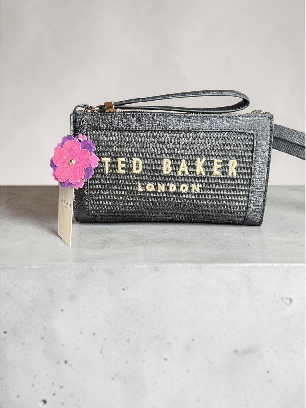 Ted Baker London Woven Straw Wristlet Clutch Pouch Black Gold NWT